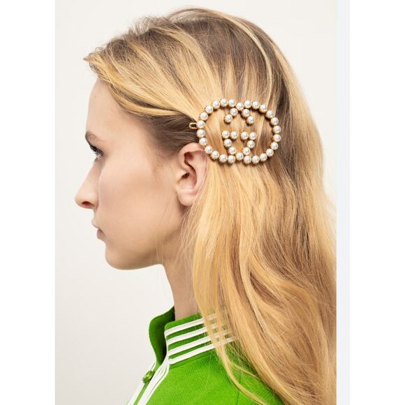 Gucci Oversized Interlocking G Pearl Hair Clip Barrette Logo Accessory - Picture 3 of 6